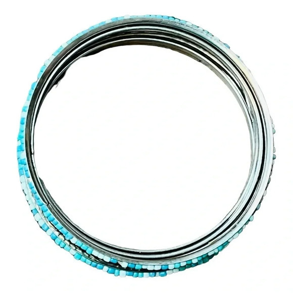 Bangle Bracelet Stack Silver‎ and Turquoise Beaded Design Stack of 7 2.5" - Picture 2 of 5